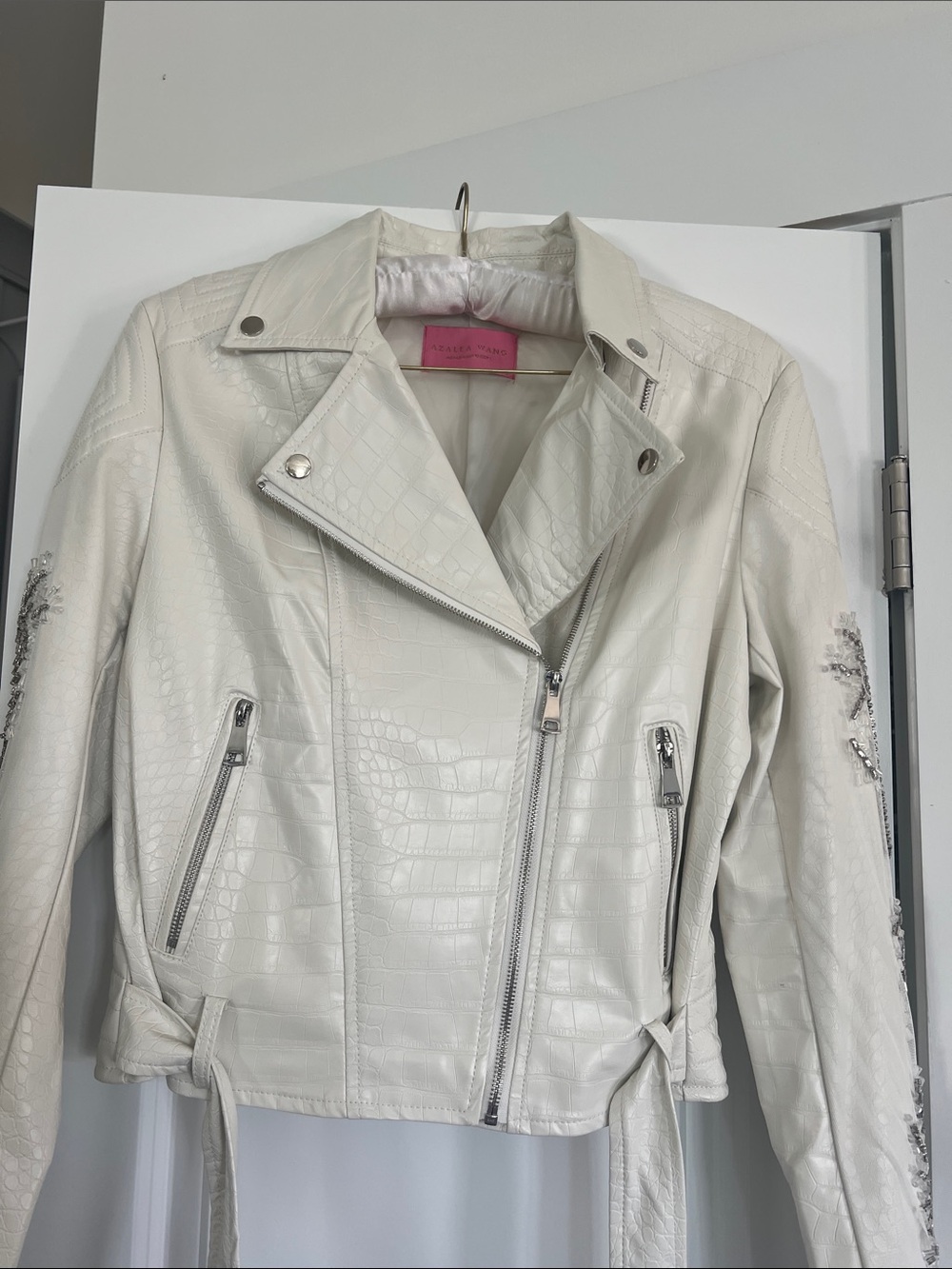 Ivory Croc-Embossed Moto Jacket with Belted Hem
